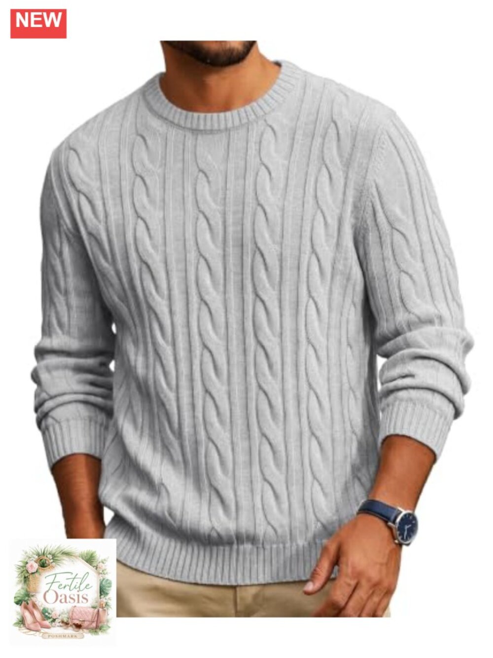 Men's Cable Knit Sweater Crewneck Warm Pullover Acrylic